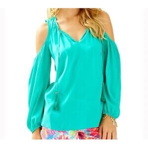 Lilly Pulitzer Silk Blend Cold Shoulder Tassel Blouse Turquoise Aqua M coastal